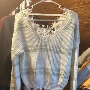 Forever 21 Cream Distressed V-Neck Knit Sweater